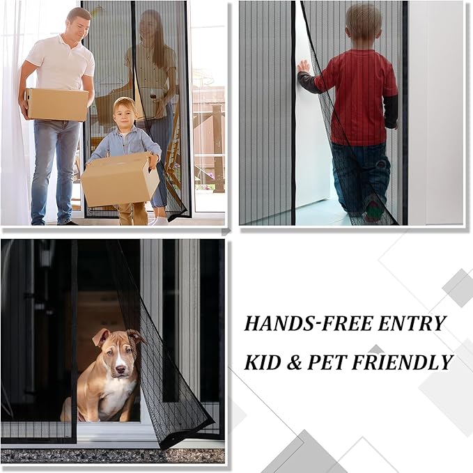 Magnetic Screen Door - Self Sealing, Heavy Duty, Hands Free Mesh Partition Keeps Bugs Out Let Breeze in- Pet and Kid Friendly - Keep Open Feature (Black, Fit Door Size 32 x 78 Inch)