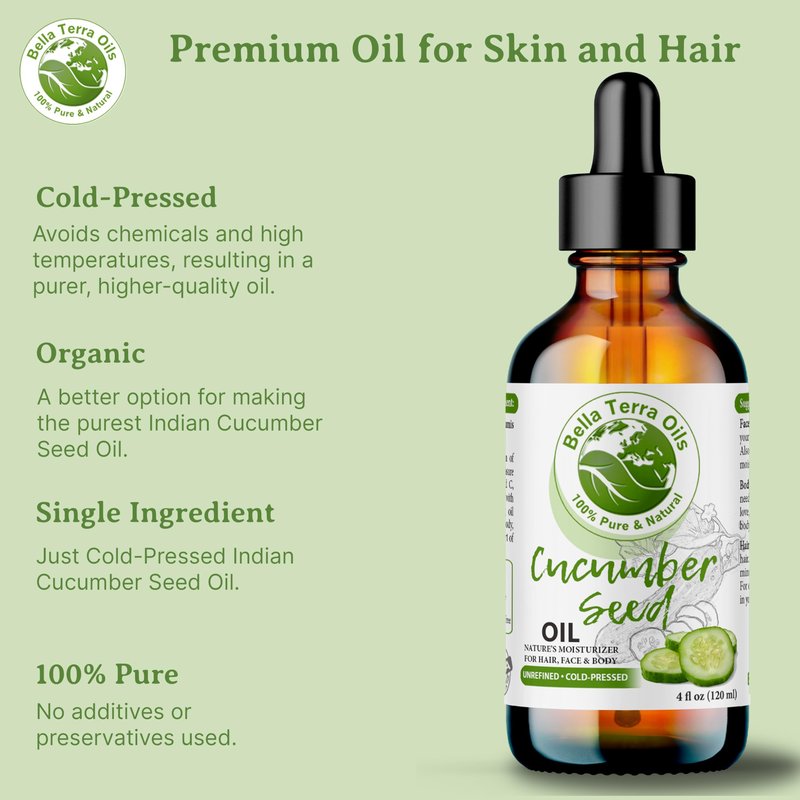 Bella Terra Oils - Cucumber Seed Oil 16oz - A Tribute to Cucumber's Vitality, Packed with Silica & Tocopherols, An Essential for Radiant Skin