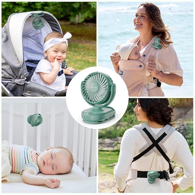 Momcozy Portable Stroller Fan with Clip | 4-Speed Mini-Fan for Carrier | Personal Fans Ultra Light 0.26lb | Gaps ≤4.5mm | Handheld Cooling | Rechargeable Rotate for Diaper Backpack/Table/Chair