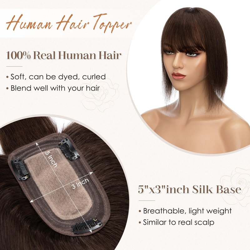 S-noilite Human Hair Toppers for Women with Bangs 100% Real Human Hairpiece 5"x3" Clip in Silk Base Topper Piece Cover Thinning Fine Hair 12 inch Chocolate Brown