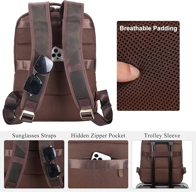 TIDING Leather Laptop Travel Backpack for Men Fits 15.6" 16" Computer, Large Business Work Bag Vintage Overnight Weekender Daypack Camping Rucksack