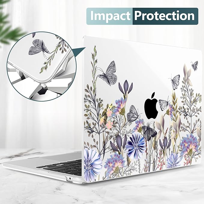 TWOLSKOO for MacBook Air 15 inch Case 2026 2025 2024 2023 Release M5 A3448 M4 A3241 M3 A3114 M2 A2941, Plastic Hard Shell & Screen Protector & Keyboard Cover & Type C Adapter, Garden Flower
