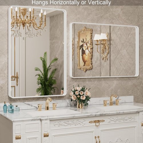 LOAAO 48x36 Inch White Metal Framed Bathroom Mirror - Large Rounded Rectangle, Anti-Rust, Versatile Hanging Options