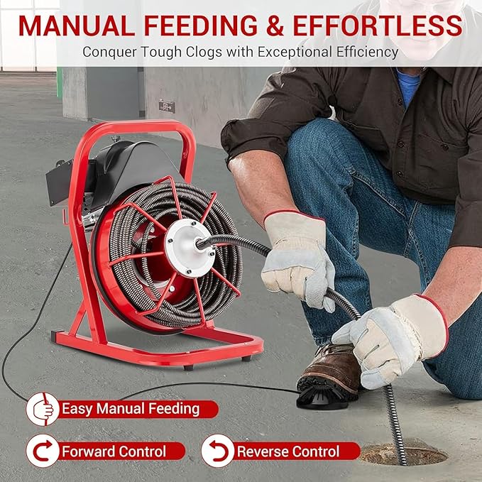 75FT x 1/2 Inch Drain Cleaner Machine, 400W Portable Drain Cleaning Machine Snake with 6 Cutters & Foot Switch for 1" to 4" Pipes, Heavy Duty Sewer Auger for Sinks, Toilets, Showers