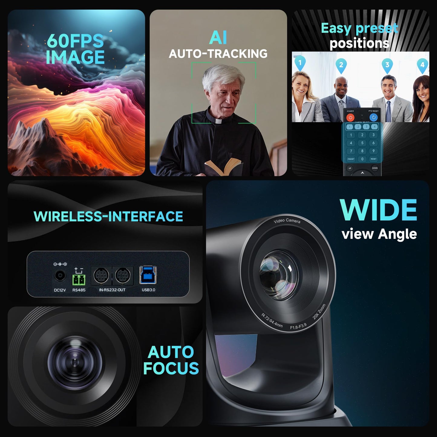 TONGVEO Wireless AI PTZ 20X Zoom Camera with Auto-Tracking: Built-in 5.8GHz Receiver for Cable-Free Setup, 1080P 60fps Conference Camera for Church Services, Online Classes & Hybrid Meetings