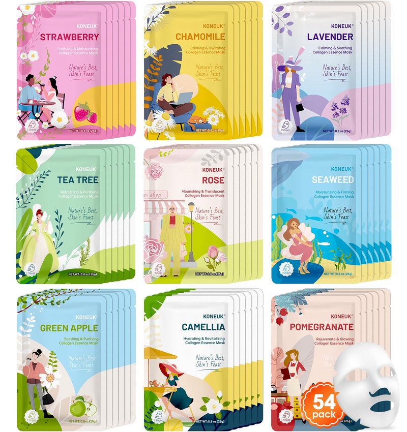 54 Pack Bulk Sheet Face Masks Skincare, Hydrating and Moisturizing Face Mask for All Skin Types, Collagen Facial Masks for Skin Care, Mothers Day Gifts, Teacher Appreciation Gifts (9 Types x 6 Pcs)