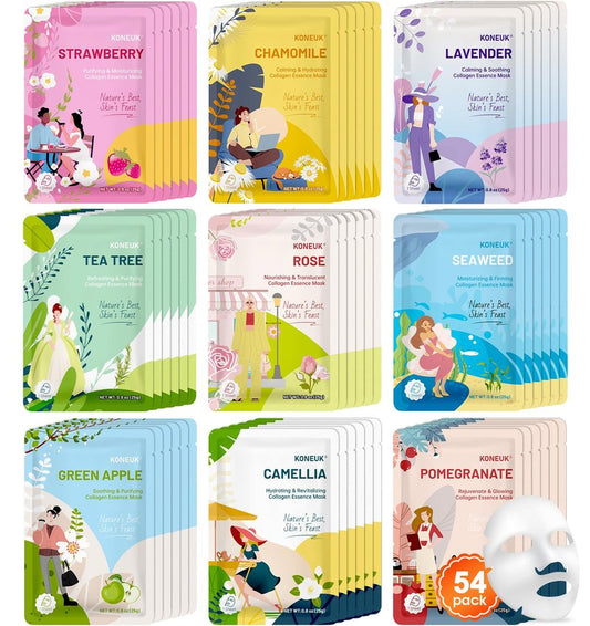 54 Pack Bulk Sheet Face Masks Skincare, Hydrating and Moisturizing Face Mask for All Skin Types, Collagen Facial Masks for Skin Care, Mothers Day Gifts, Teacher Appreciation Gifts (9 Types x 6 Pcs)