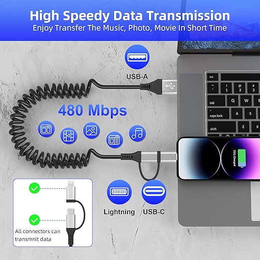 USB to USB-C and Lightning Cable 2 in 1 Coiled Cable Support Carplay & Android Auto [MFi & 3A Fast Charge & Data Sync] Coiled Lightning and USB C Cable for iPhone 17/16/15/14/13/Android, Silver