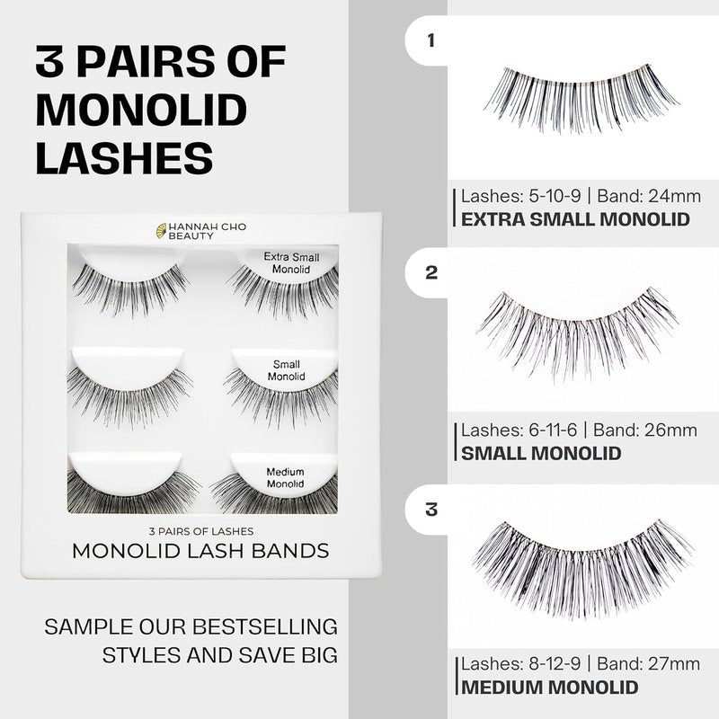 False Lashes for Monolids Starter Kit - Natural Strip Lashes for Heavy Eyelids | 3 Pairs, Applicator & Adhesive