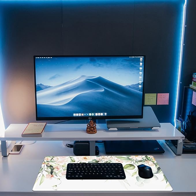 KOAIWPAE Desk Mat, Watercolor Pink Flowers Desk Pad, Green Leaves Flowers Large Gaming Mouse Pad for Desk, 31.5"x15.7" Extended Big Computer Keyboard Mouse Pad with Non-Slip Base and Stitched Edge