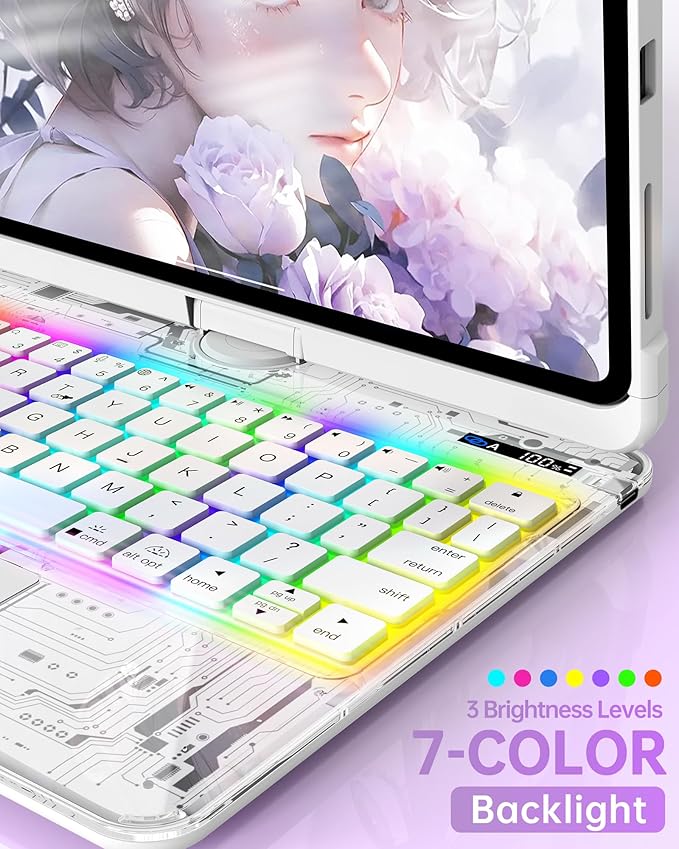 Intermerge Transparent Case with Keyboard for iPad Air 11"(M4/ M3/ M2, 2026/2025/ 2024), Air 5th/4th, Pro 11" 2022-2018, 360° Swivel Multi-Touch Trackpad, 7-Color Backlit, Pencil Holder, Frost Pulse