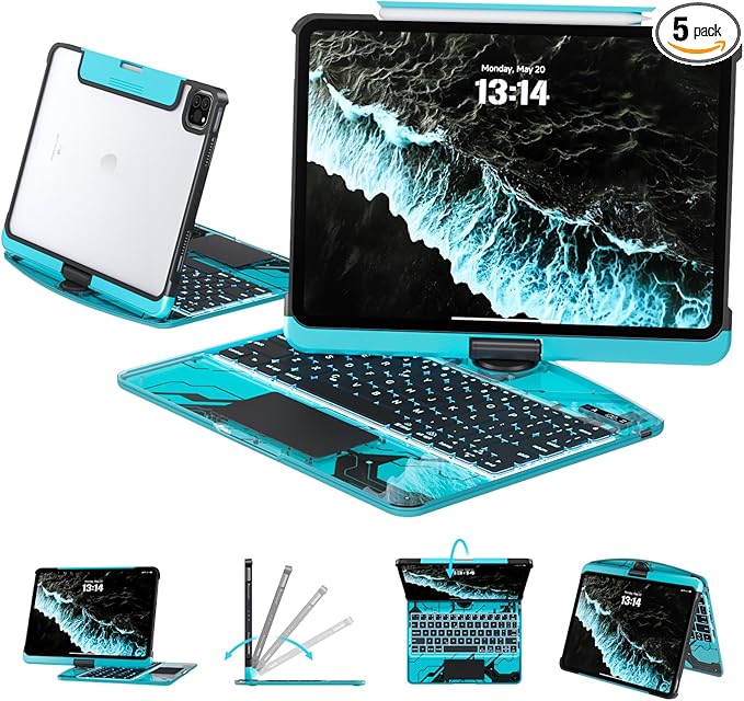 Transparent Case with Keyboard iPad Air 11 Inch (M4/M3/M2, 2026/2025/2024)/ iPad Air 5th/4th Generation 10.9" / iPad Pro 11" 1st/2nd/3rd/4th Trackpad, Pencil Holder, 7-Color Backlit, Rotatable, blue