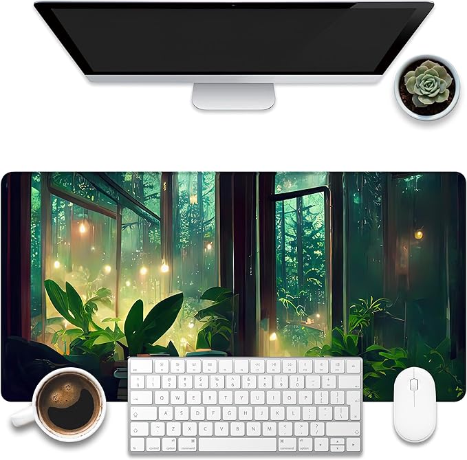 KOAIWPAE Desk Mat, Window View of Forest Desk Pad, Green Atmosphere Large Gaming Mouse Pad for Desk, 31.5"x15.7" Extended Big Computer Keyboard Mouse Pad with Non-Slip Base and Stitched Edge