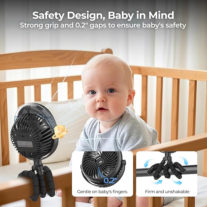 2025 Upgarded 4000mAh Misting Baby Stroller Fan, Rechargeable Battery Operated,Max 15Hrs Cooling,50ml Portable Water Sprayer Misting Fan with Flexible Tripod Clip on Car Seat Crib Treadmill Bunk Bed