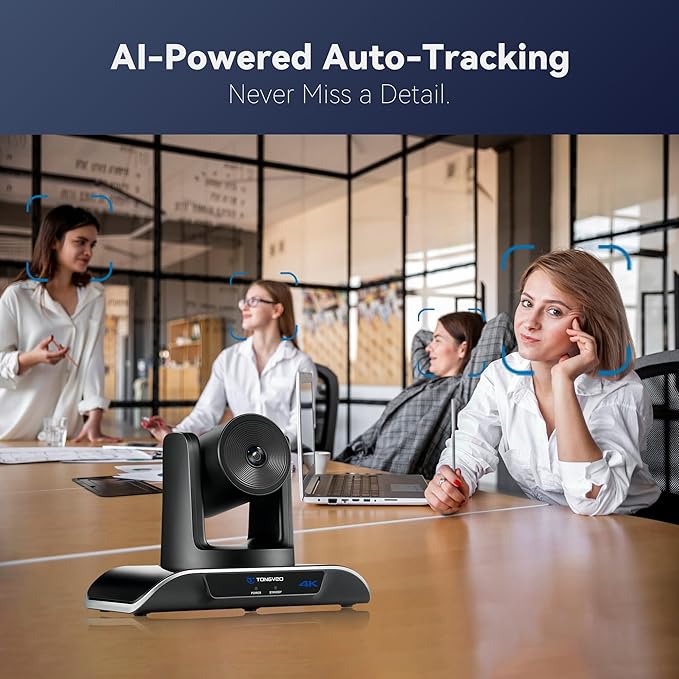 TONGVEO 4K PTZ Camera with AI-Powered Auto-Tracking & Gesture Control 5X Digital Zoom USB 3.0 120-Degree Wide-Angle PTZ Webcam for Video Conference YouTube/Teams/Zoom Meeting Live Streaming