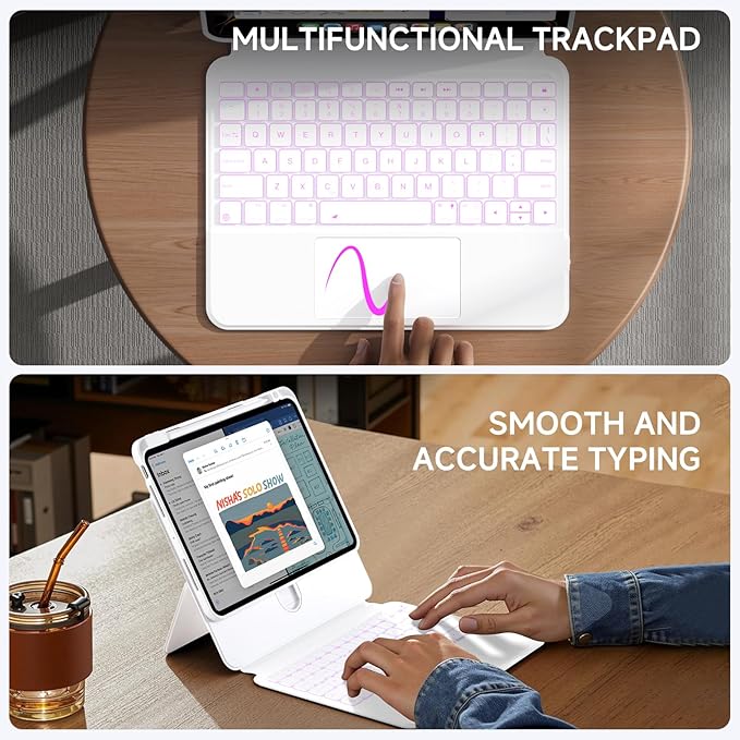 Tiaota Keyboard Case for iPad Air 13-inch (M2 & M3, 2024 & 2025) and iPad Pro 12.9-inch (3–6 Gen) with Multi-Touch Trackpad, 360° Rotating Stand, Portrait & Raised Modes, Detachable Cover – White