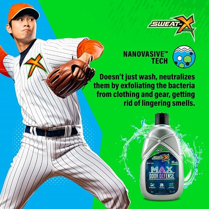 SWEAT X Max Odor Defense Laundry Detergent Liquid - Natural Washing Detergent for Activewear & Gym Clothes - Laundry Detergent for Sensitive Skin - Concentrated Detergent, 45 Loads/Bottle (4 Bottles)
