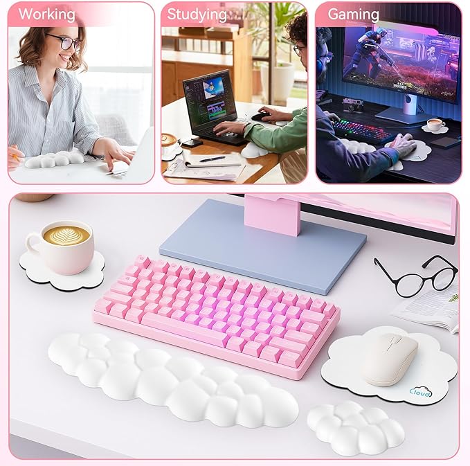 Sushret Cloud Wrist Rest for Computer Keyboard, 4-in-1 Memory Foam Leather Cloud Keyboard Wrist Rest and Mouse Pad Set with Ergonomic Support for Arm and Palm Cushion, Gaming/Work Setup, White