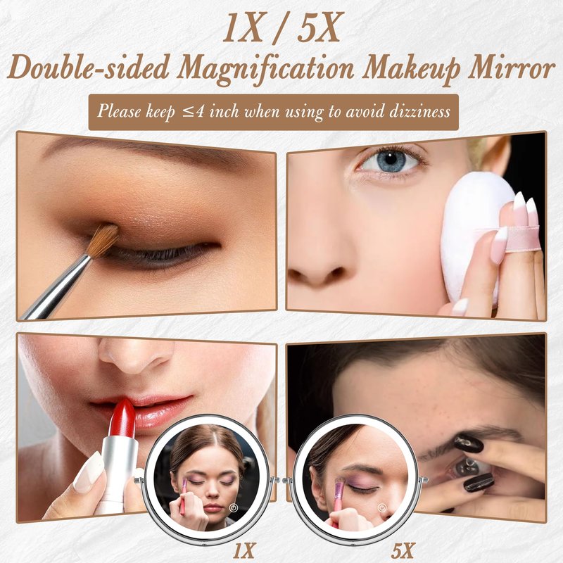 Ysenchan Lighted Makeup Mirror, 8'' Rechargable LED Vanity Magnifying Mirror, Double Sided 5X Manification Mirror with Stand, Cosmetic Standing Desk
