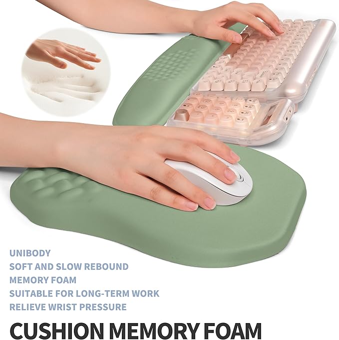 Gleamtide 2-in-1 Ergonomic Set, Wave Keyboard Wrist Rest and Massage Slope Mouse Pad Wrist Support, Rebound Memory Foam for Relieve Carpal Tunnel Syndrome and Wrist Pain (Olive Green)