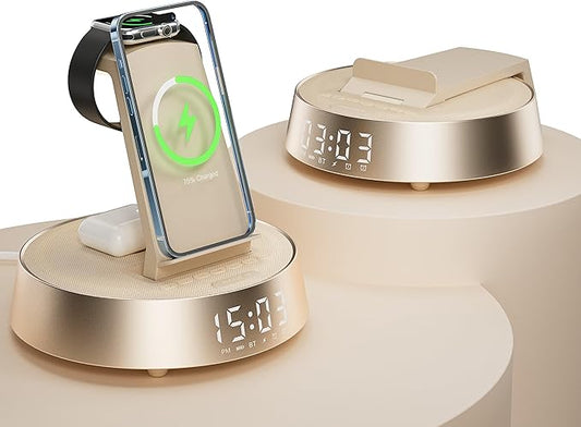 Alarm Clock with Wireless Charging Station, Clock for Bedroom with Dimmable Night Light Bluetooth Speaker, Wireless Charger Dock Station for iPhone 16 15 14 13 12 11 Pro Max, Apple Watch