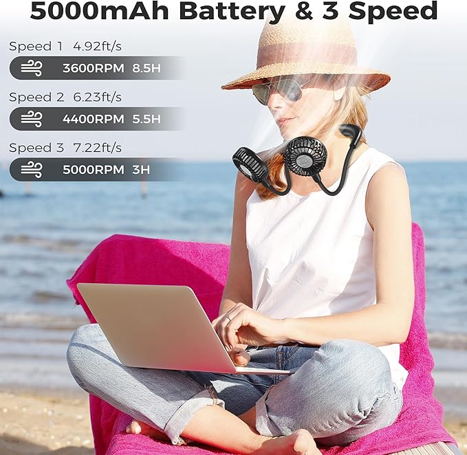 Portable Neck Fan, 5000mAh Rechargeable Battery Powered, 3 Speeds, 360°Adjustable, Double Cooling, Hands-Free Personal Wearable USB Neckband Fan for Home Office Outdoor Travel Sports