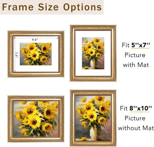 JCJMY Vintage Picture Frame - Elegant 8x10 Frame with 5x7 Mat | Shatter-Resistant Plexiglass, Gold Finish