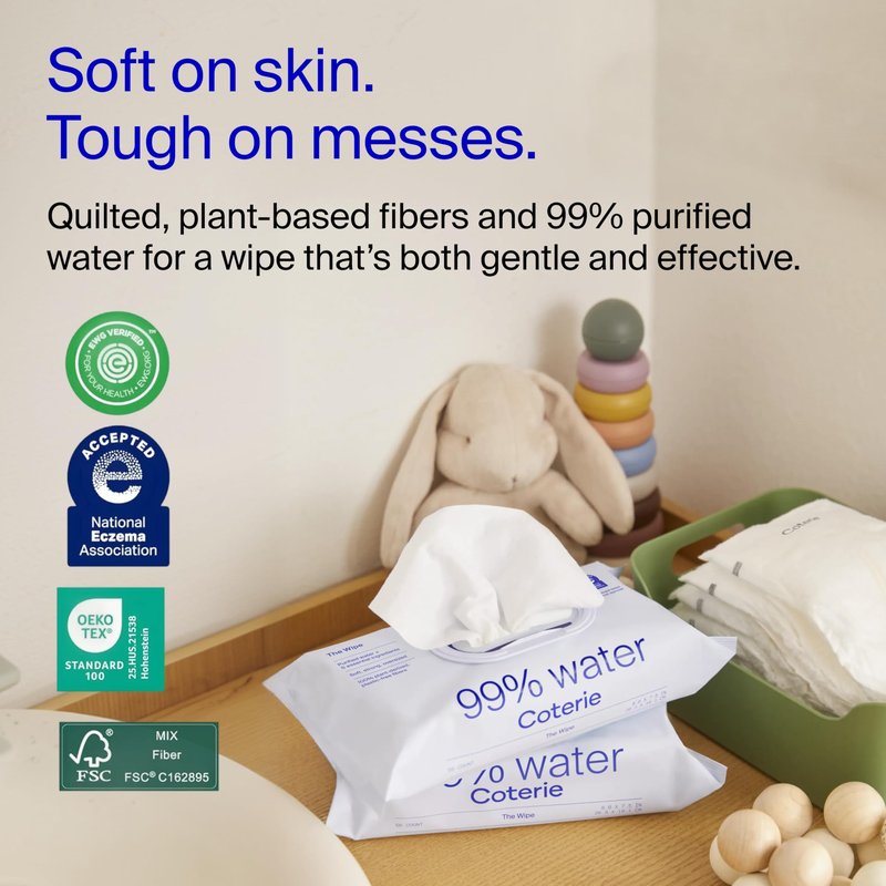 Coterie Baby Wipes for Sensitive Skin, Plant-Based and Plastic-Free Fibers, 99% Water, Hypoallergenic, pH Balanced, Unscented, Clean and Gentle Baby Essentials, 16 Pack, 896 Count