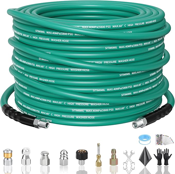 50FT Sewer Jetter Kit for Pressure Washer,1/4ââNPT Drain Cleaner Hose 5800PSI, with Adapter Corner Rotating Button Nose Sewer Jetting Nozzles Kit Pearl Corsage Pin Spanner Waterproof Tape