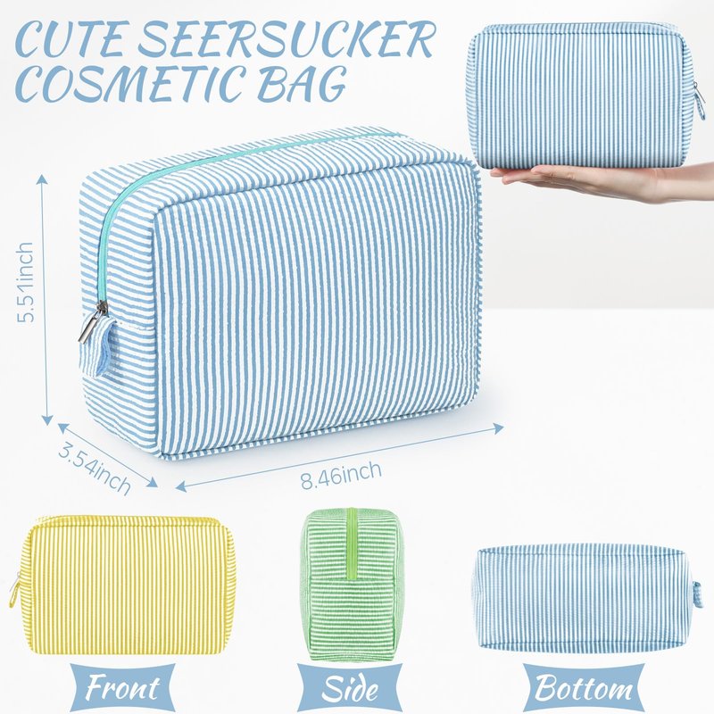 Sanwuta 3 Pcs Seersucker Makeup Bags Seersucker Cosmetic Bags Striped Women Large Travel Toiletry Organizer Preppy Storage Pouch for Embroidery Wedding Bridesmaid Gifts(Yellow, Green, Lake Blue)