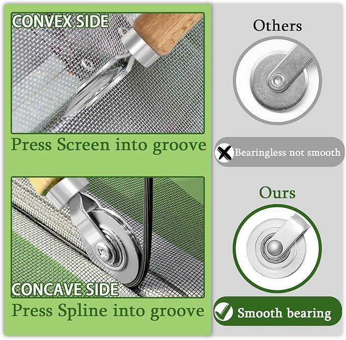 King&Charles Screen Repair Kit/Tool, Screen Roller Tool, Steel Roller with Bear, 32 ft Spline, Removal Hook, 3 in 1 Window Repair Kit, for Installing Door Window Mesh.