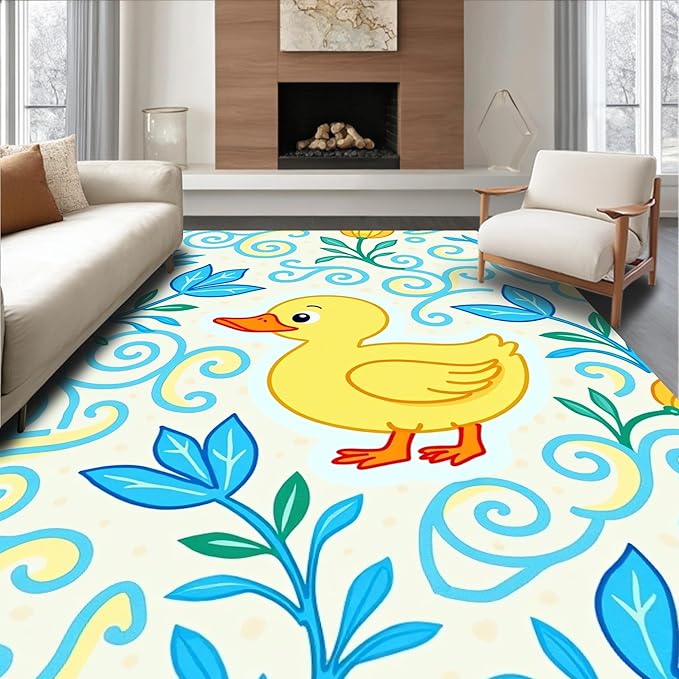 Flatwoven High Traffic Area Rug 6x9, Whimsical Pond Life with Floating and Floral Swirl, Non Slip, Stain Resistant, Washable Area Rugs for Living Room, Bedroom (Yellow, 6x9)