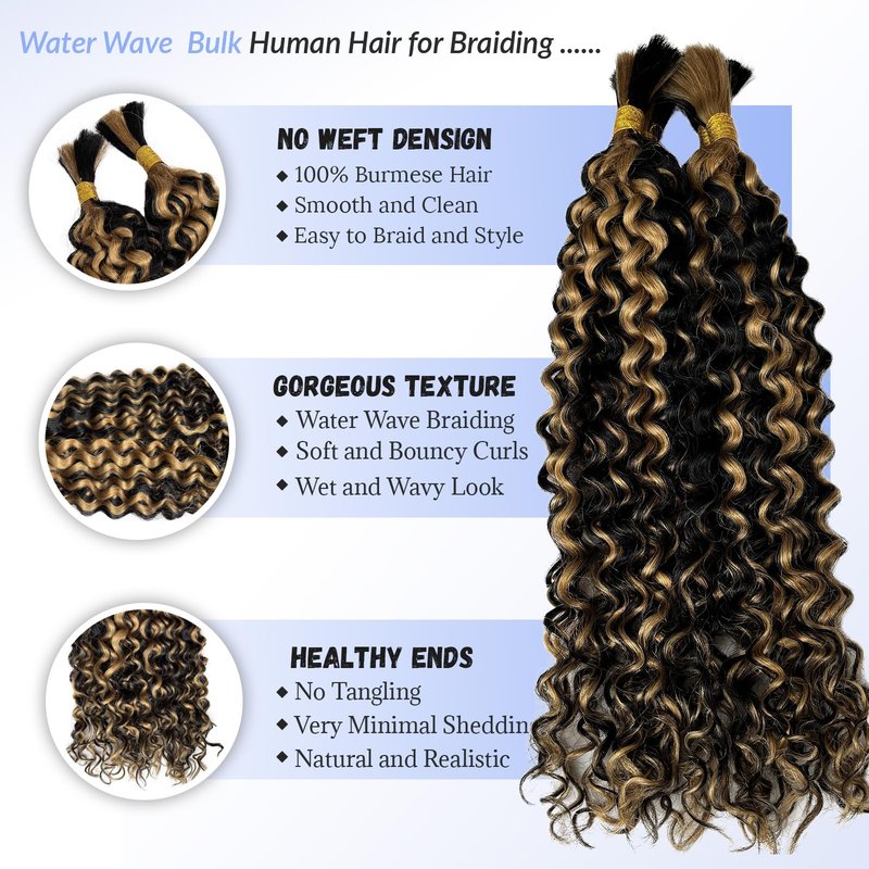 Blonde Human Braiding Hair 18 Inch Deep Water Wave Boho Human Hair for Braiding Color #24 Light Blonde Bundles 100% Burmese Human Hair for Boho Braids Two Bundles 100G Weft and Wavy Curly Bulk Hair