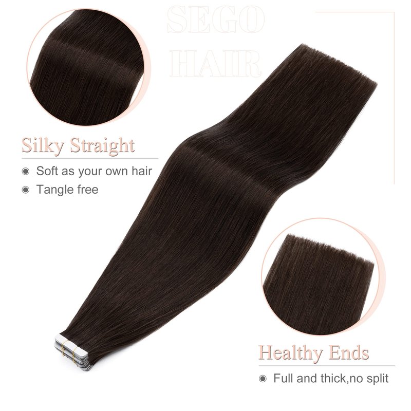 SEGO Tape In Hair Extensions Human Hair, 20pcs 40g 14 Inch Dark Brown Remy Straight Human Hair Tape In Extensions for Women -#02 Dark Brown