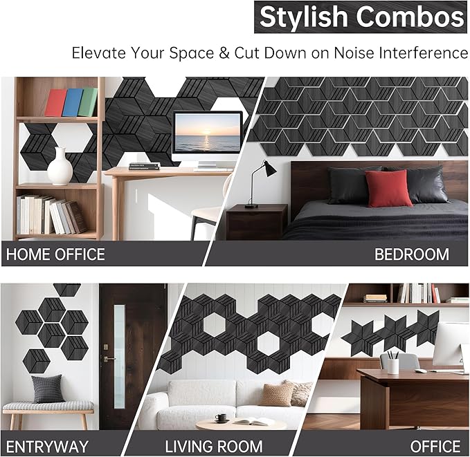 Mollywell Acoustic Panels, PVC Wood-Grain, 14x12 Inch Hexagon Carved Sound Proof Wall Tiles, Self-Adhesive High Density Felt for Home Theater/Studio/Office Echo Reduction, 12 Pack Black Oak,TW4