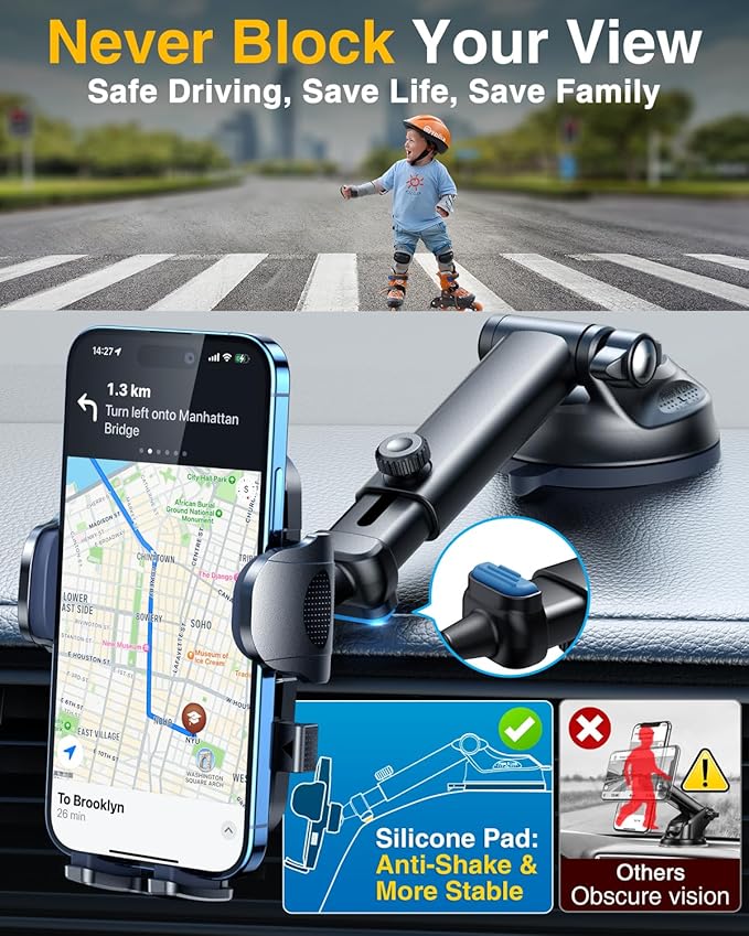 YRU True Military-Grade [360° Rotation Suction] 2026 Ultimate Car Phone Holder Mount 【90+LBS Safest Strongest & Patent Certs】 Dashboard Windshield Vent for iPhone 17 16 Pro Max Samsung, Jet Black