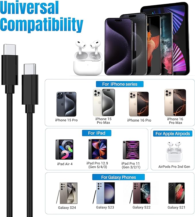 TT&C 2-Pack 30W USB C Charger Set (2X Mini Wall Blocks + 2X 10ft Extra Long Cables), Power PD3.0 Fast Charging Compatible with iPhone 17, 17 Air, 16, 15, iPad Pro, for Samsung Galaxy S25, S24, Black