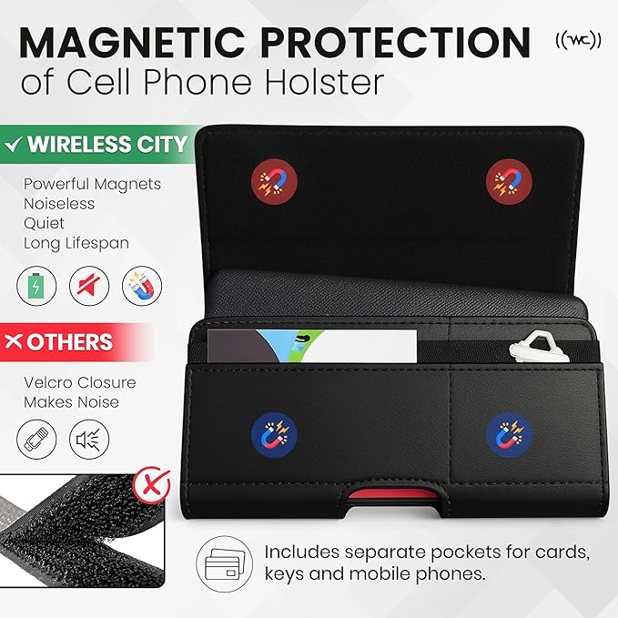 Wireless City Leather Phone Holster for iPhone 17/17 Pro, 16/16 Pro/16e, 15/15 Pro, 14/14 Pro, 13/13 Pro, 12/12 Pro, 11, XR Horizontal Belt Clip Phone Pouch Card Holder Magnetic Closure Phone Case