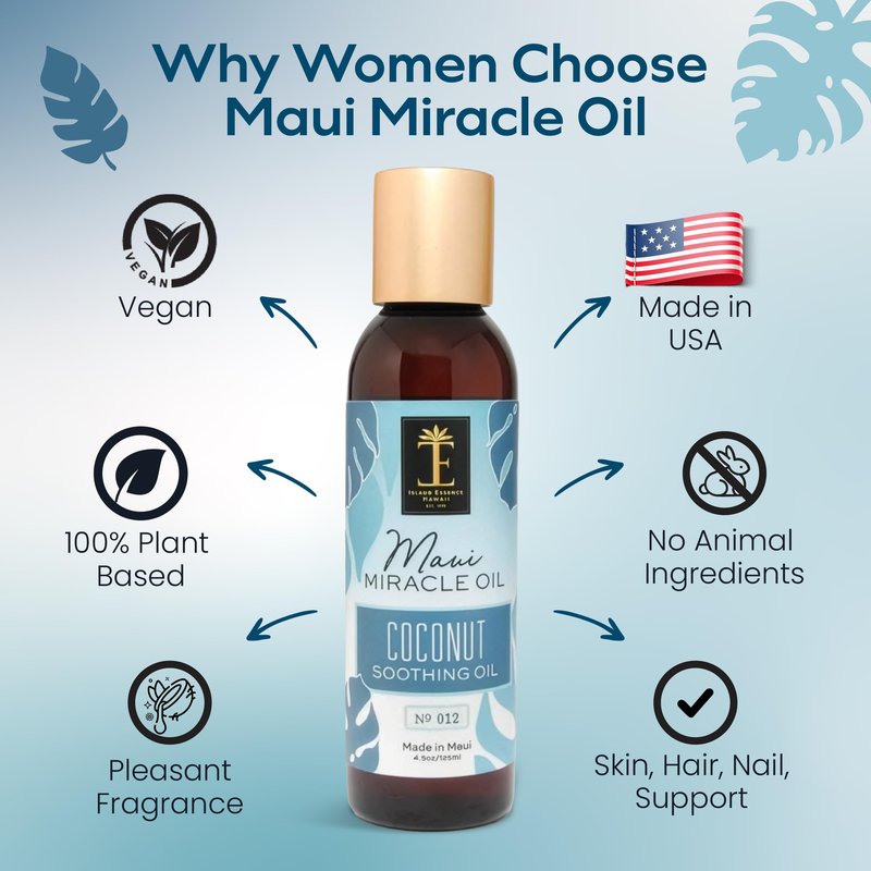 Island Essence Coconut Soothing Oil – Hawaiian Body Oil with Organic Coconut Oil, Kukui & Macadamia Nut – Lightweight Massage Oil for Skin, Hair & Nails – Made in Maui – 4.5 oz