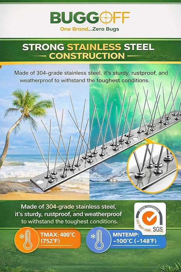 BUGGOFF Bird and Rodent Spikes, 4.5" Tall 10" Long Stainless Steel Anti-Bird Deterrent Strips, Silver, Professional Pest Control for Roofs, Fences, Ledges (40 Pieces / 33 Feet)