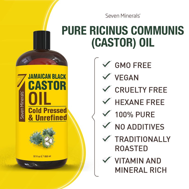 Seven Minerals, Pure Jamaican Black Castor Oil - Big 32 fl oz Bottle - Unrefined & Hexane Free - for Hair Growth, Thicker Eyelashes & Eyebrows, Dry Skin, Healing, Hair Care