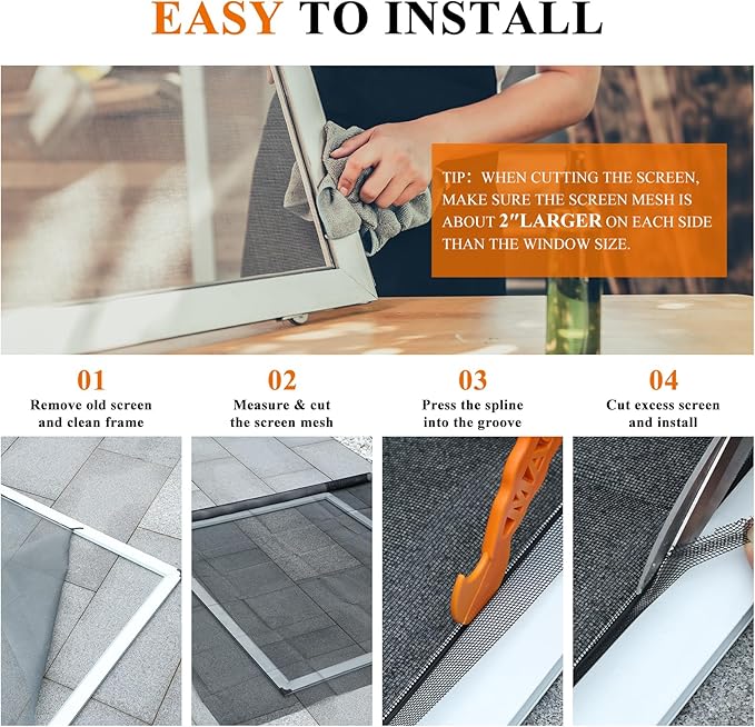 2PACK MAGZO Window&Door Screen Replacement Kit, 48''W x 99''L, with Retainer Spline (Total 65.6 FT) and Press-Fit Roller Tool, Scratch-Proof Polyester, Net Roll Repair for Sliding/House Windows, Black
