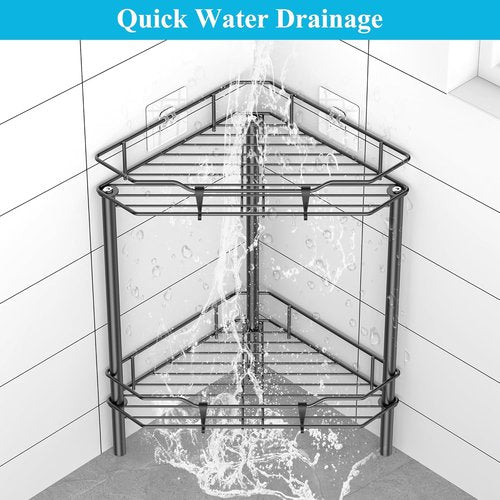 HuggieGems Corner Shower Caddy Organizer - 2 Tier Floor Standing Shelf with Hooks | Black Bathroom Storage