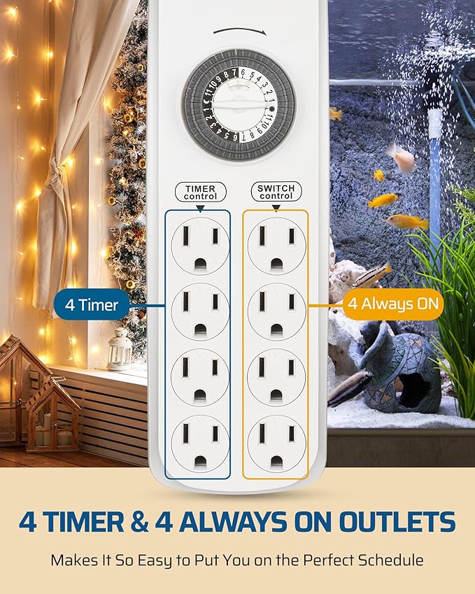 DEWENWILS Mechanical Power Strip with 8 Outlets, Flat Plug, 6ft Long Cord, Overload Protection, Indoor Controller for Bearded Dragon Tanks, Aquarium, Grow Lights, Plants, Reptile Light, UL Listed