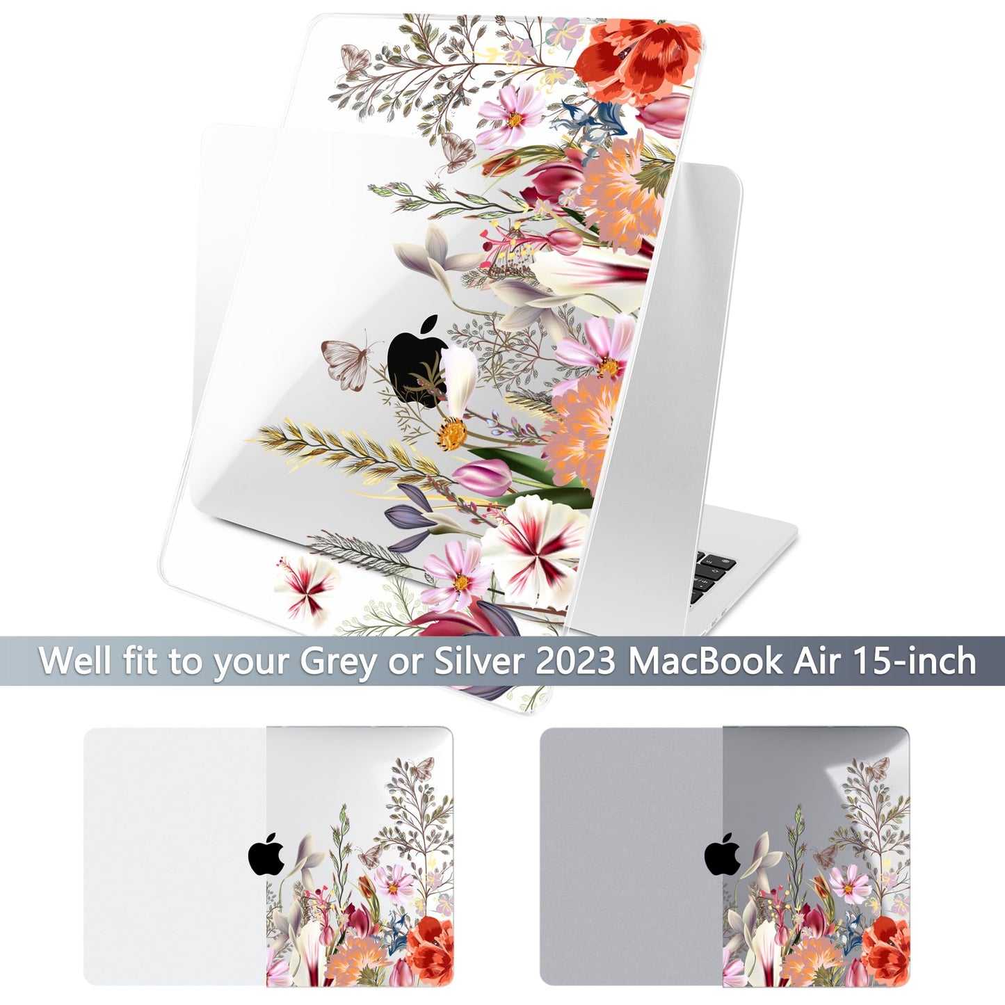 Batianda Premium Case for New MacBook Air 15 inch with M5 M4 M3 M2 Chip 2026 2025 2024 2023 Release, Designed Ultra-Slim Hardshell & Keyboard Cover & Screen Protector 4-in-1 Bundle, Flower Field