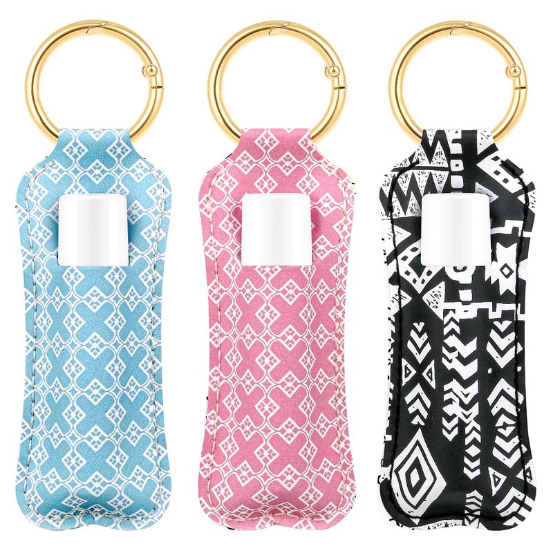 WK IEASON Lip Balm Holder Keychain Clip On PU Leather Lipstick Sleeve Pouch Lip Gloss Holder Lip Balm Sleeve Holder Keychain 3PCS（Floral Set B）