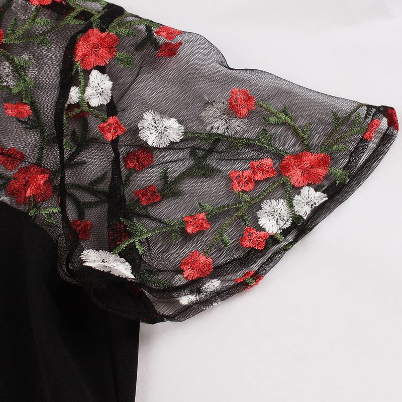 Women Keyhole Tie Neck Mesh Sleeve Vintage Cocktail Swing Dress Sweetheart Illusion Embroidery Flower 50s Pleated A-line Rockabilly Prom Dress Wedding Party 1950s Retro Casual Midi Dress Floral 4XL