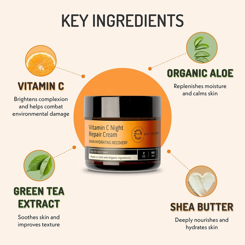 Eve Hansen Vitamin C Night Cream for Face and Neck - Hydrating, Brightening, Anti-Aging Moisturizer for Mature, Dry Skin - Non-Greasy - 2 oz