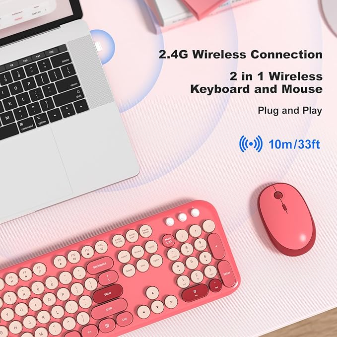 KNOWSQT Wireless Keyboard and Mouse Combo - Lovely Red 2.4G Full-Sized Colorful Keyboards, Round Keycap USB Dongle Plug Play Cute Keyboards for Windows, Laptop, PC, Desktop, Mac