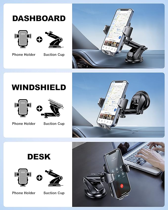 2025 Upgrade Car Phone Holder Mount, Universal Window Cell Phone Car Mount for Dashboard Windshield, Car Dash Mount Mobile Holder for iPhone, Samsung, Nokia, LG and All Android Smart Phones